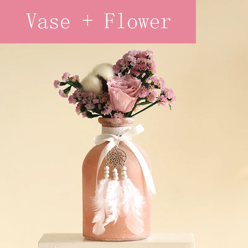 16cm with Flower Современная розовая Стеклянная Ваза Красивая Милая Мини Маленькая ваза ремесла Цветочная ваза Свадебные вазы для украшения стола украшение дома - Цвет: 16cm with Flower