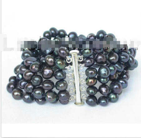 

Free shipping >>>>>>8" 6row 9mm baroque Black pearls FW bracelet bangle magnet clasp j8828