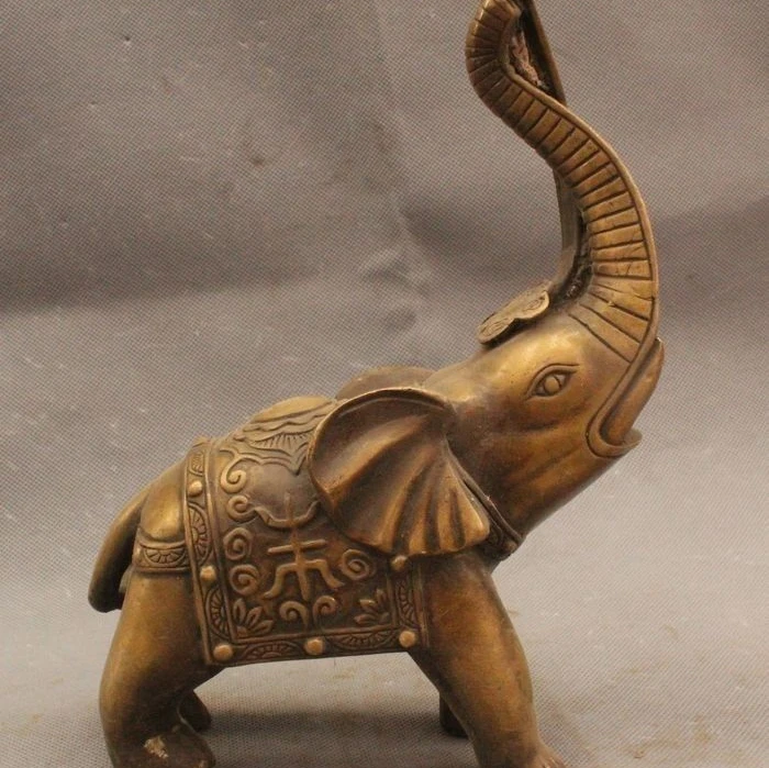 9"Chinese Folk Feng Shui Copper Elephant Animal Auspicious Statue