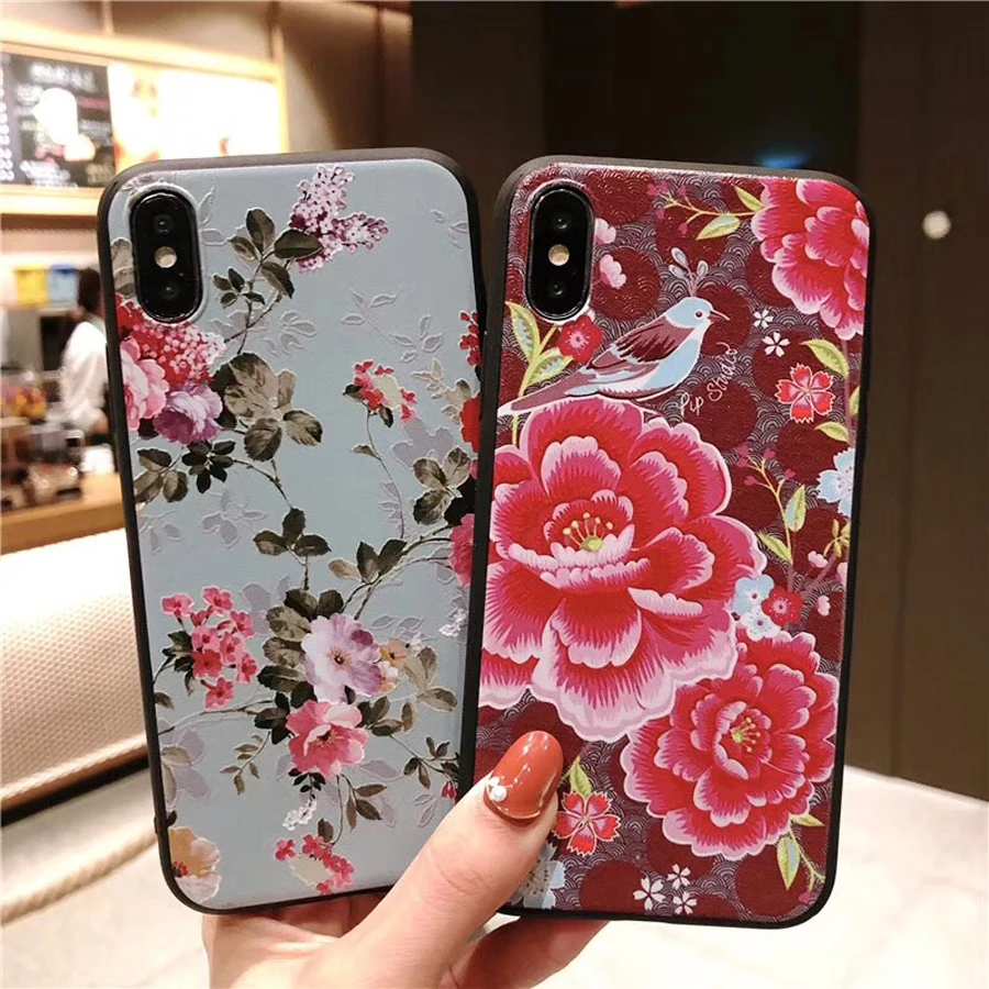 

For iphone XS XR X 8 7 plus case cover fashion 3d relief painted flower floral soft silicone phone bag case for iphone 6 6s plus