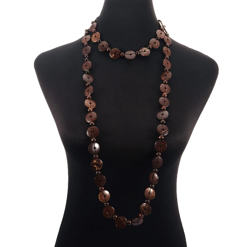 BeUrSelf, этническое длинное ожерелье, ювелирное изделие, круглая Кокосовая оболочка, богемное, вязаное, ручной работы, коричневого цвета, дерево, бисерное ожерелье для женщин