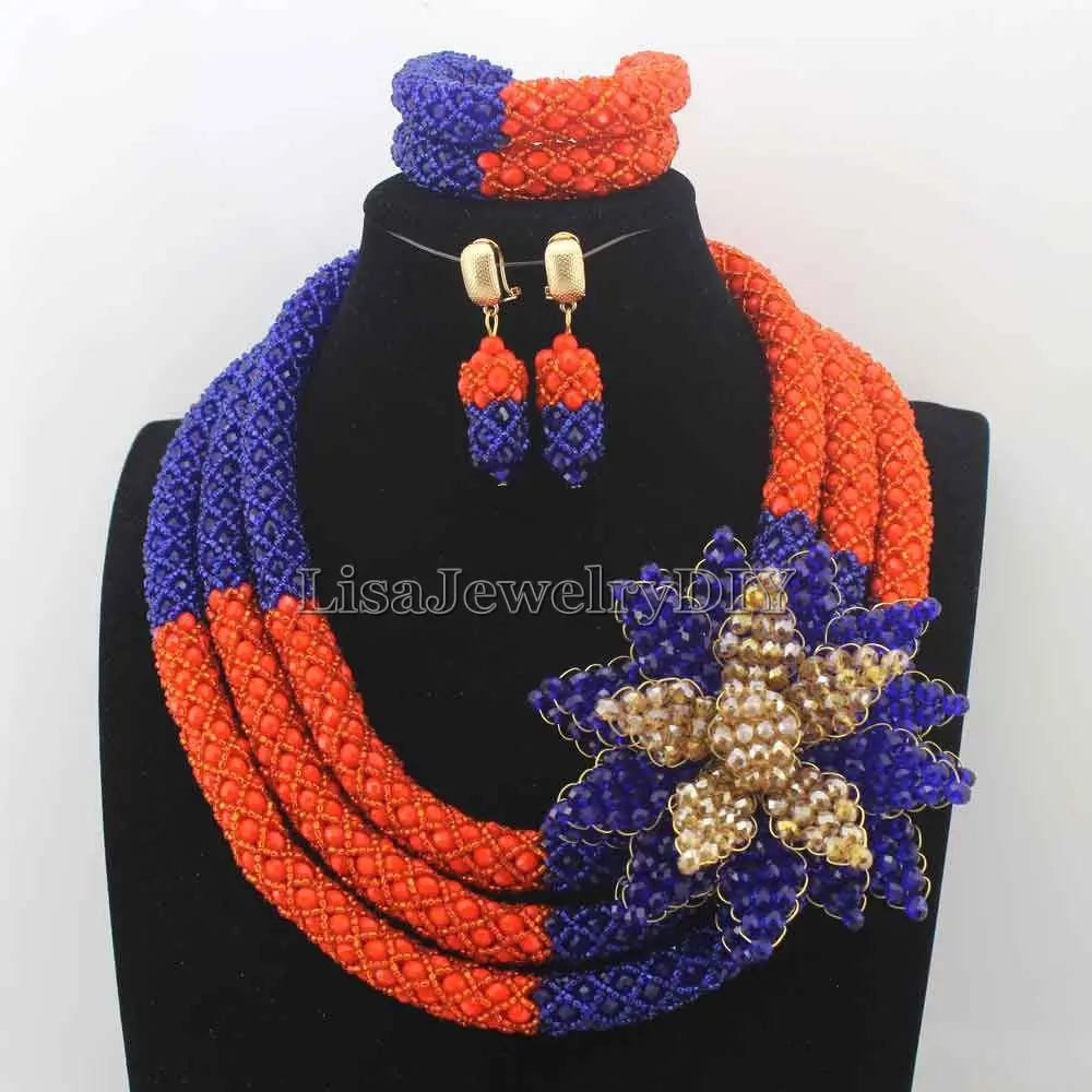 

Fabulous Royal Blue/Orange Nigerian Wedding African Beads Jewelry Set Flower Statement Crystal Jewelry Set Mix Beads Set HD8338