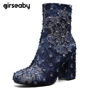 

Girseaby 2019 New Denim shoes women ankle boots Broken denim boots Western cowboy boots Blue jeans short booties Zipper Flower