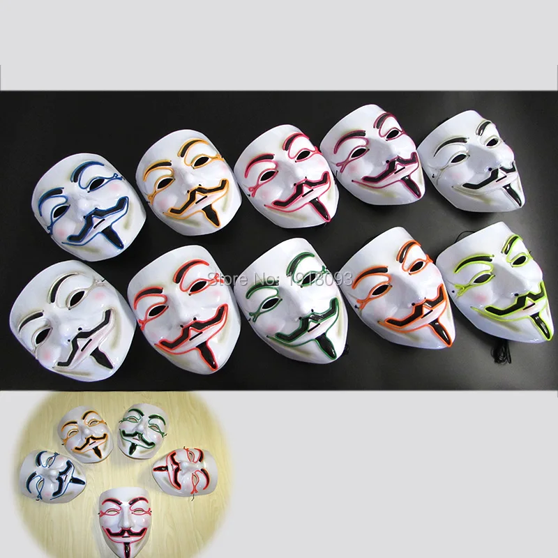 Новое прибытие EL Освещение V или Vendetta маски для взрослых Оригинальные светильники для вечеринки Хэллоуин и Рождество по 3 В звук активных
