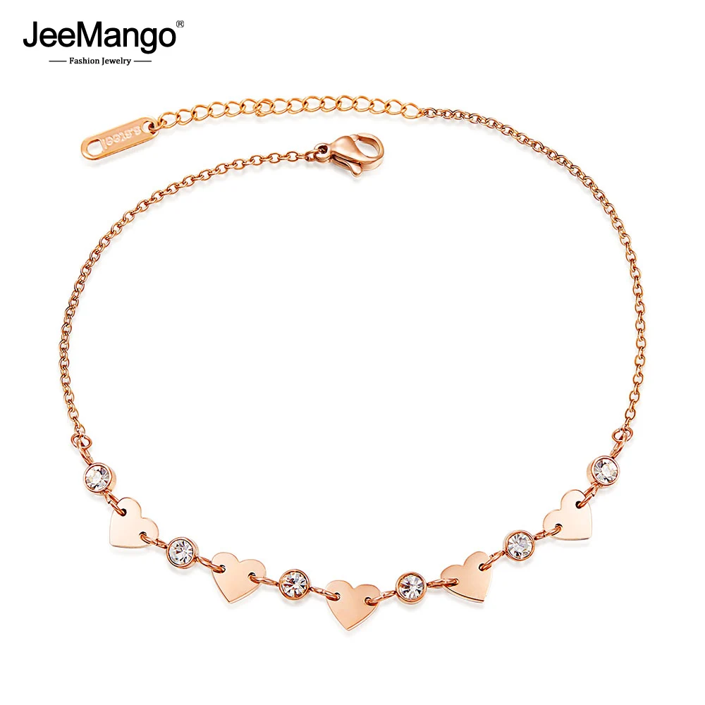 

JeeMango Titanium Steel Bohemia Holiday Beach Chain & Link Anklets For Women Girl Trendy CZ Crystal & Heart Charm Anklet JOGZ082