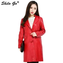 SHILO GO кожаный Тренч Женская Осенняя мода Овчина натуральная длинное кожаное пальто лацкан диск Пряжка длинный рукав красный черный пальто