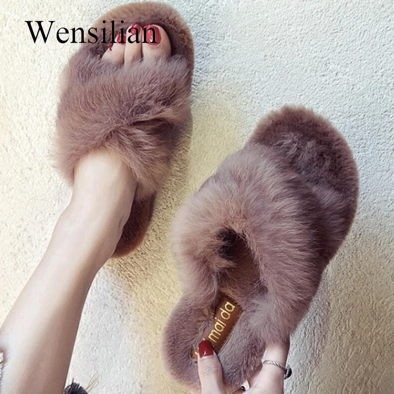 Women Fur Slides Winter Fluffy Furry Slippers Warm House Shoes Slippers Mules Lady Flat Shoes Home Indoor Shoes Zapatos De Mujer