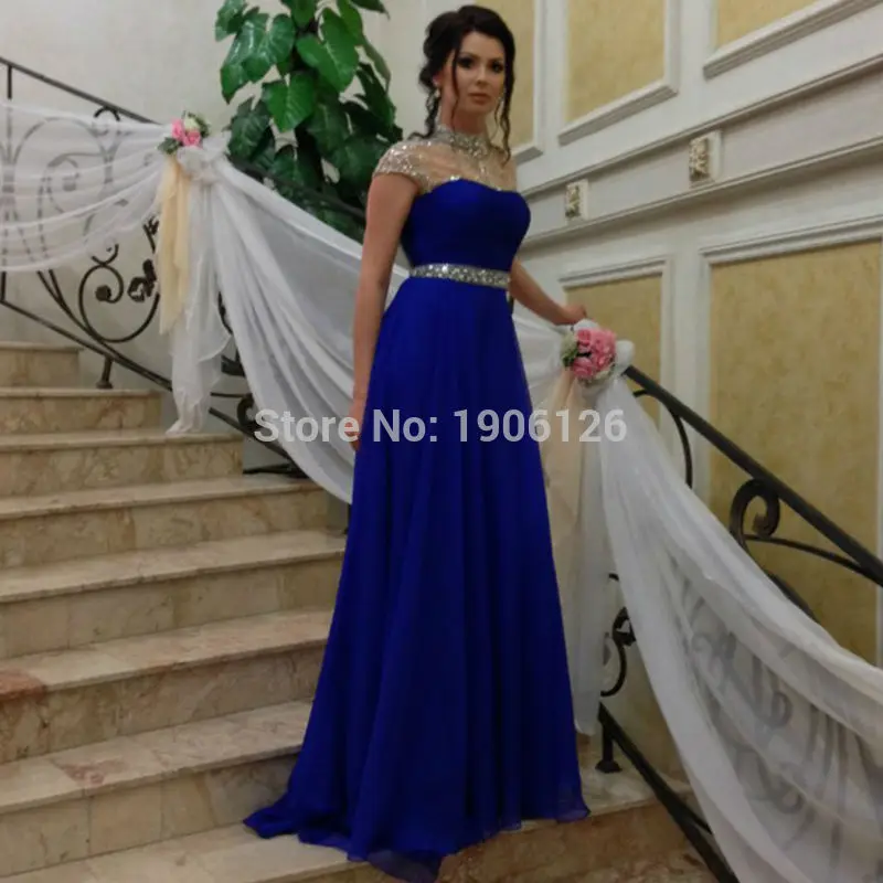 Vestido de festa longo azul 2016 brillante largo vestidos de noche mujeres piedras de cuello alto vestidos elegantes vestidos fiesta de Gala jurken en