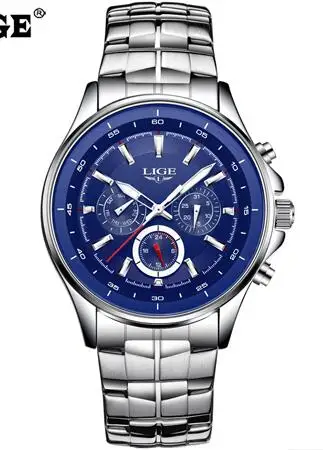 LIGE модные деловые кварцевые часы, мужские водонепроницаемые спортивные часы из нержавеющей стали, мужские многофункциональные военные часы, мужские часы - Цвет: Steel blue