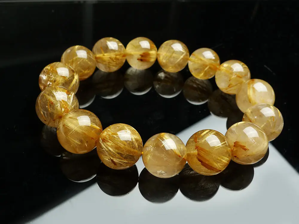 

002013 Natural Brazil Gold Rutilated Quartz Crystal Round Big Beads Bracelet AAA