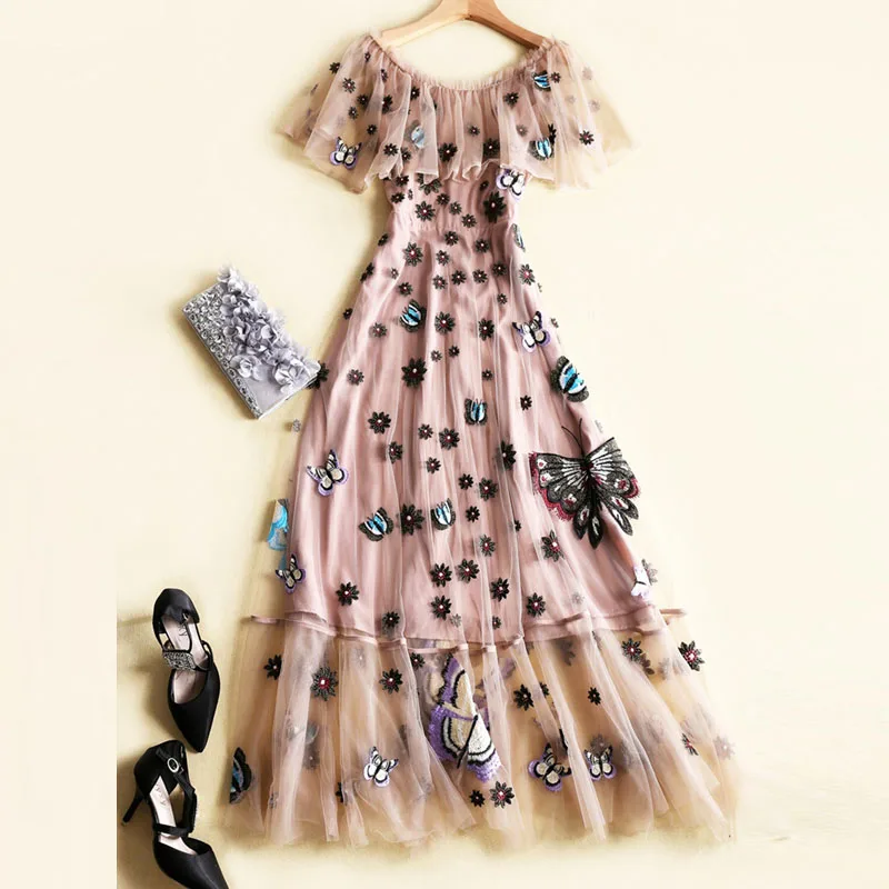 

Woman Fashion Runway Maxi Dress 2019 Summer Designer Ruffles Slash Neck Floral Embroidery Tulle Long Party Dresses Vestidos