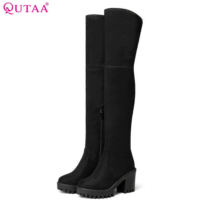 

QUTAA 2020 Women Over The Knee Boots Suede/PU Fashion Round Toe Fashion Zipper Design Synthetic Solid Ladies Shoes Size 34-43
