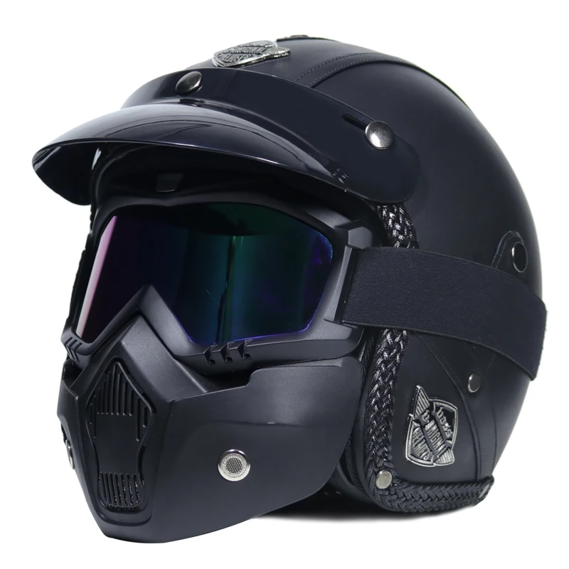 Open Face helmet motorcycle 2018 mask DOT approved visor PU leather vintage 