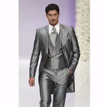 

Shiny Gray Men Dinner Party Prom Suits Groom Tuxedos Groomsmen Man Blazer Suits Custom Made (Jacket+Pants+Vest+Tie) NO:206