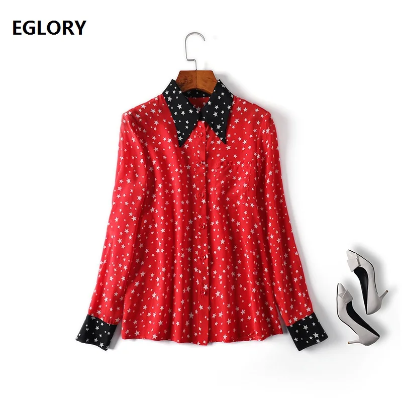 

High Quality Brand Silk Blouses Women Turn-down Collar Star Print Bust Pocket Patchwork Long Sleeve Red Shirt 100% Silk Tops