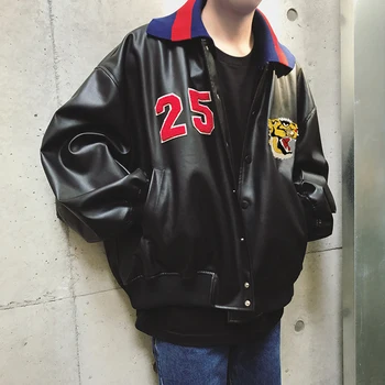 

Autumn tiger-head embroidery with detachable collar oversize loose leather jacket men's coat M-XL!!