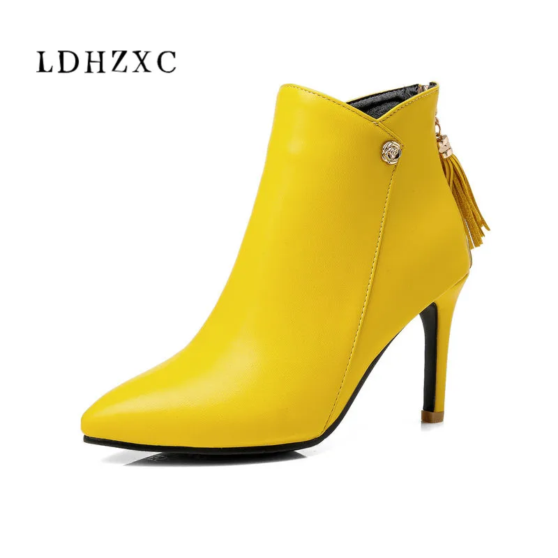 

LDHZXC Women Boots Thin Heels Pointed Toe Zip Ankle Boots Basic Boots High Heels Solid Shoes Autumn Ladies Boots Size 34-46