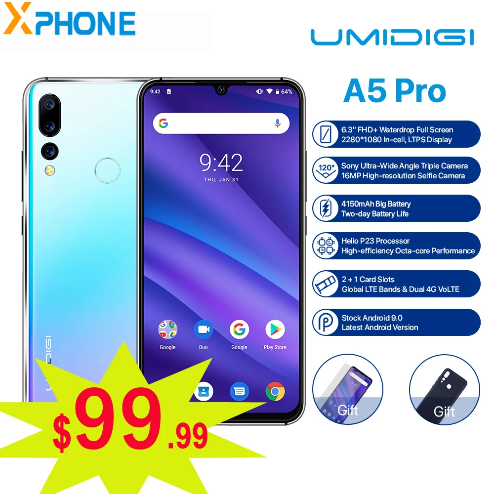 

UMIDIGI A5 PRO Android 9.0 Cell Phone Octa Core 4GB RAM 32GB 6.3'' FHD+ 16MP Triple Camera 4150mAh Global 4G Celular Smartphone