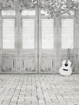 

Vintage Wooden Doors Photography Backdrop Brick Floor Digital Printed White Flowers Guitar Kid Photo Shoot Background for Studio