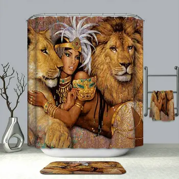 

Shower Curtain African Woman and Lions Printing Decor Bath Curtains