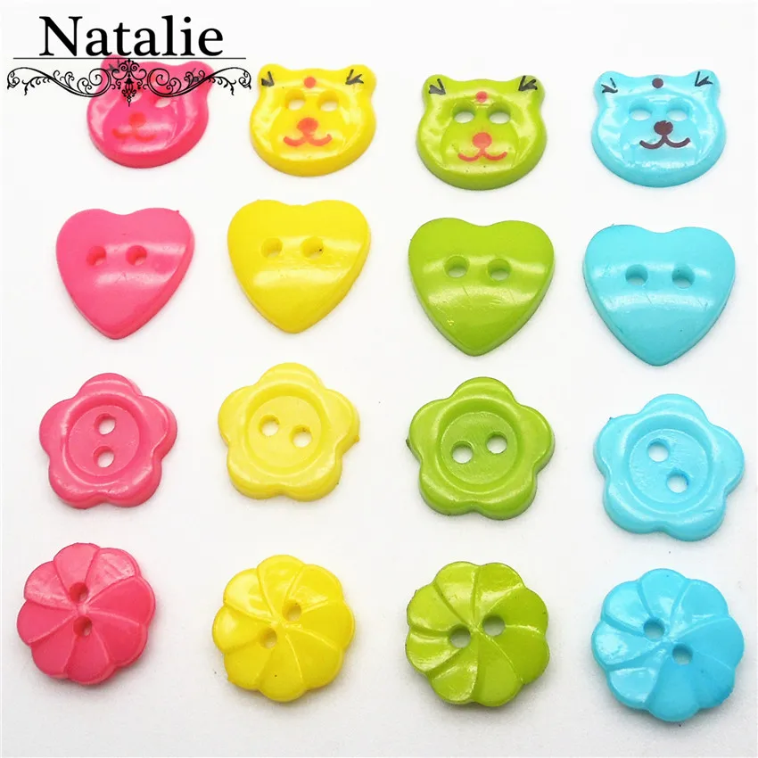 100PCS 13mm 2Holes Carving mixed heart flower Dyed acrylic buttons Baby