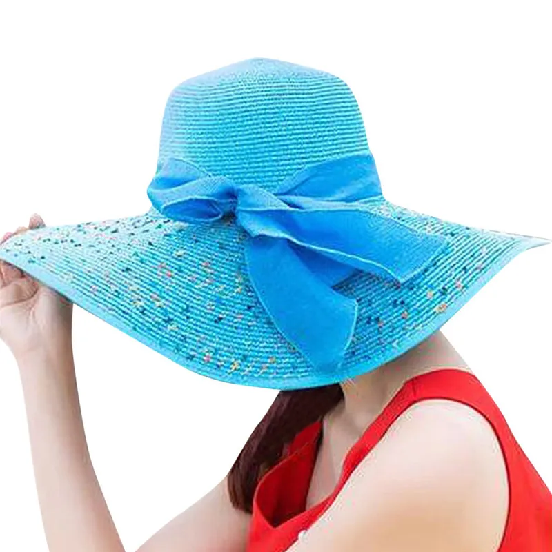 Женская цветная соломенная шляпа с большими полями, широкополая шляпа от солнца, шляпы с широкими полями, новая складная пляжная шляпа с бантом, женская летняя шляпа# A