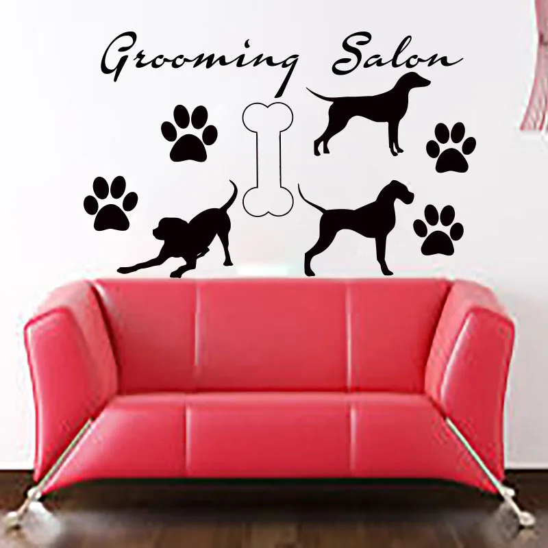 

ZOOYOO Grooming Salon Wall Sticker Home Decor Bone Three Dogs And Paw Print Pets Shop Wall Decals Removable DIY Wall Art Murals