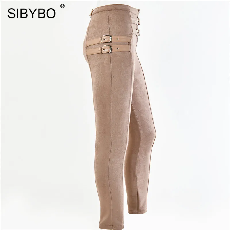 SIBYBO замшевые обтягивающие повседневные женские брюки с высокой талией, модные женские узкие брюки с пряжкой на ремне, женские сексуальные брюки осень-зима