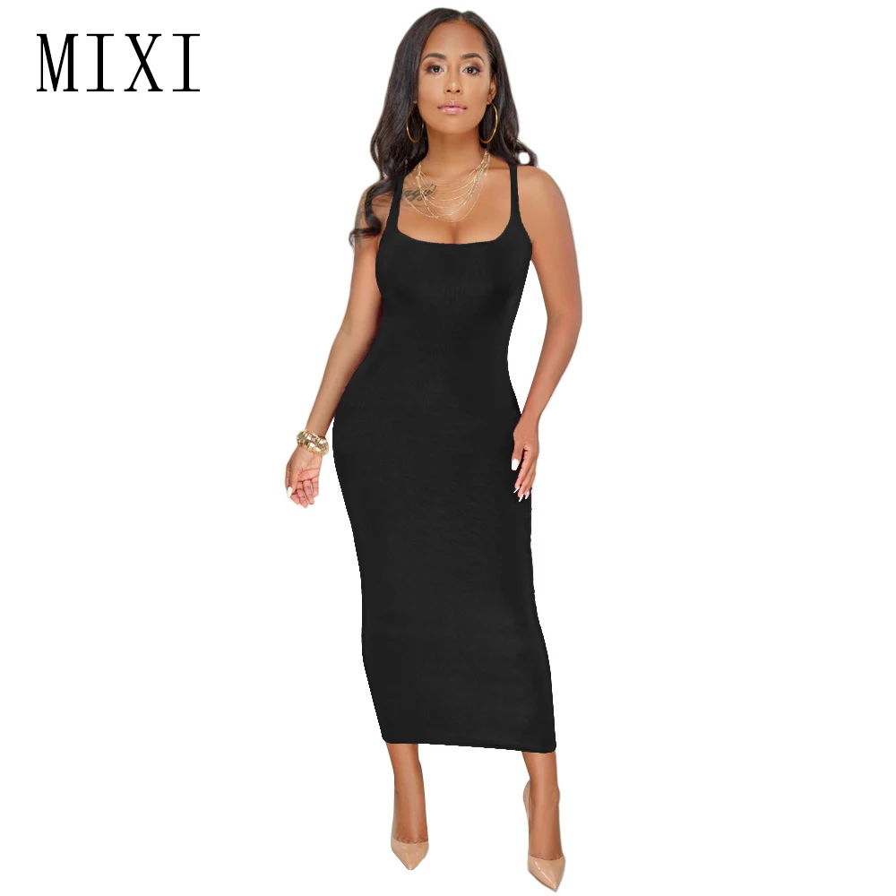 

MIXI Summer Casual Sexy Sleevless Strap Tank Dress Women O-Neck Maxi Long Dresses Slim Elegant Fitness Solid Mujer Dress Vestido