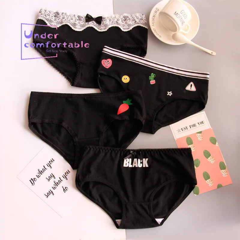

4pcs/lot Lovely Black Cartoon Cactus Printed Women Underwear Female large Size Summer Grace Lace Bow Girls Lingerie Cute Brief