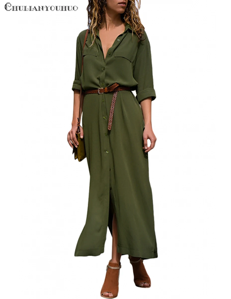 Autumn Dress Elegant Maxi New Army Green Long Office Slit Long Sleeve ...