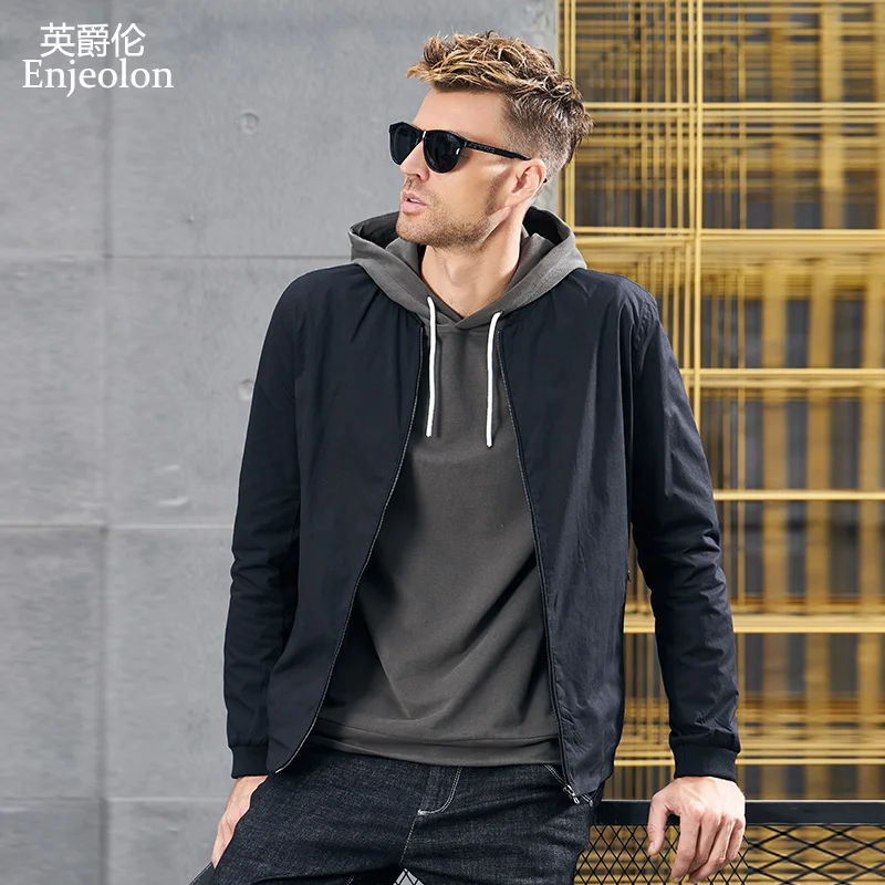 

Enjeolon brand spring Bomber jackets coat men fashion black solid Mens jcaket 3XL coats stand collar jacket caot JK2603