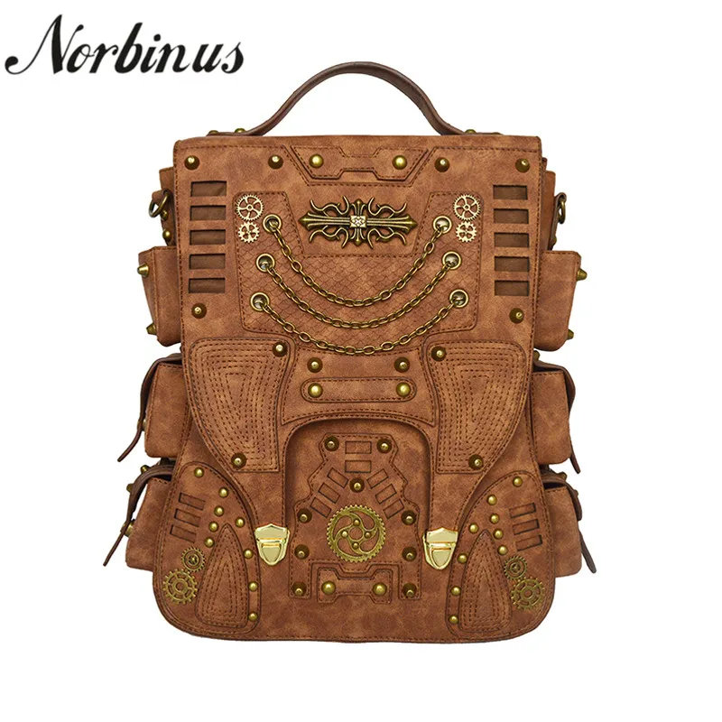 

Norbinus Men Gothic PU Leather Bags Capacity Women Steampunk Backpacks Vintage School Bags for Teenager Girls Travel Rucksack