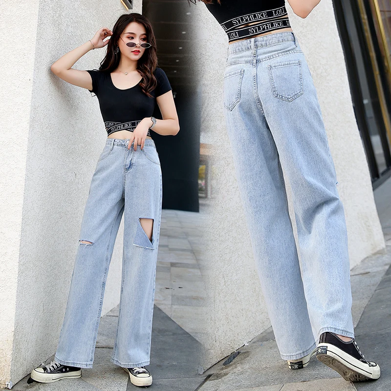 

First song jeans ladies Harlan loose retro jeans 2019New navy blue hole wide leg pants jeans high waist cotton women's jeans