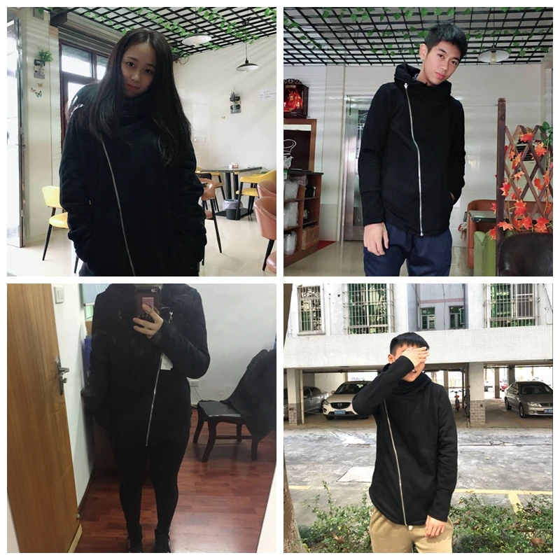 

Men's pure black hoodies Fashion inclined zipper design Cultivate one's morality leisure cap unlined upper garment