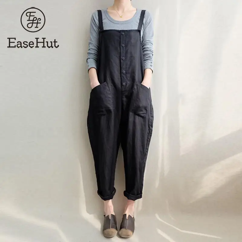 

Versear Vintage Cotton Jumpsuits For Women Plus Size Strappy Sleeveless Pockets Loose Rompers Buttons Wide Legs Harem Jumpsuit