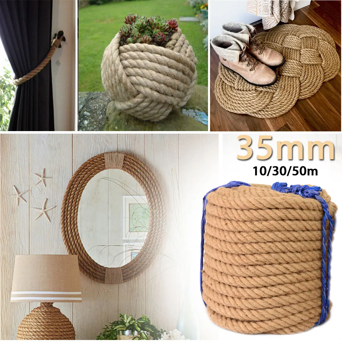Koop KIWARM 35mm 10 30 50 m Jute Touwen Twine Touw Natuurlijke Hennep Linnen Koord Thuis Art Decor DIY Handgemaakte Decoratie