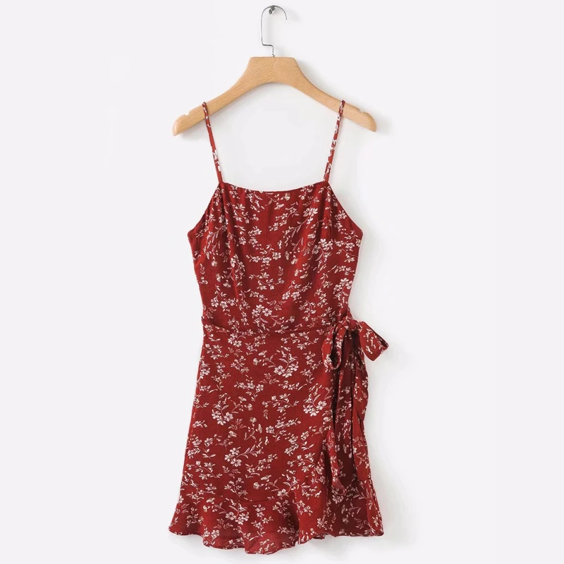 

Beach Dress Vintage Dress Ruffles Overlap Mini Dress Summer Boho Elbise Chiffon A-Line Bohemian Sleeveless Print Sundress