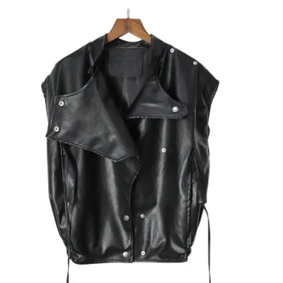 

2019 Punk Wind Female Autumn And Winter BF Wind Stand Collar Handsome Loose Locomotive PU Leather Vest Jacket Vest Female