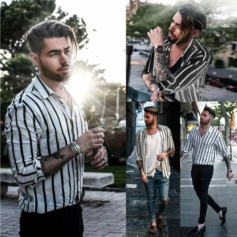 

Fashion Men Slim Fit V-Neck Long Sleeve Muscle Shirt Casual Tops Trendy Vertical Striped Shirt Streetwear Cemebrities Same Style