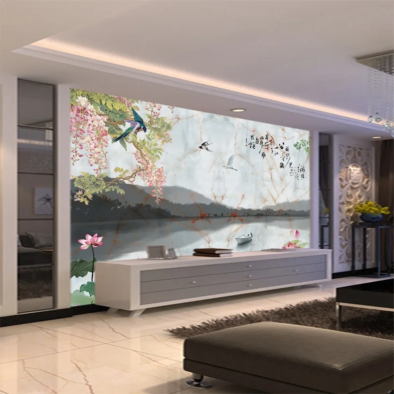 

Chinese concise style non-woven seamless marbleize wallpaper birds-and-flower painting mural home decor