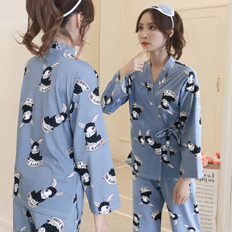 Для женщин одежда для сна Летние пижамы наборы Домашняя одежда с принтом женский длинный рукав из молочного шелка кимоно-пижамы Для женщин домашние костюмы в Корейском стиле