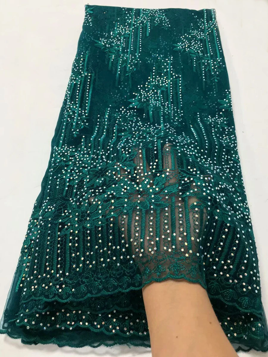 

French Lace Fabric green Color Nigerian Lace Fabrics High Quality African Lace Fabric With Rhinestones
