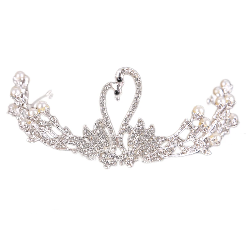 

Silver Swan Lover Pattern Pearl Crystal Tiaras And Crowns Girl Hair Accessories Wedding Bride Women Hair