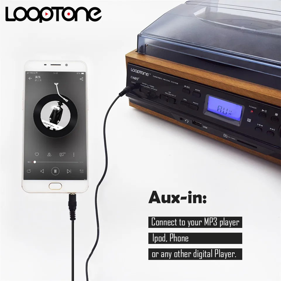 LoopTone Виниловая пластинка LP проигрыватель Проигрыватель кассетный плеер AM FM радио USB/SD плеер с пультом дистанционного управления Встроенный динамик Aux-in