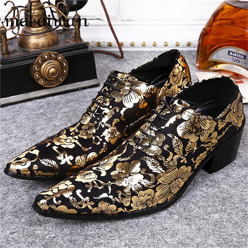 Gold Flower Print Genuine Leather Men Flat Shoes Pointed Toe Men Oxfords Business Wedding Dress Shoes