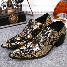 Gold Frauenblumendruck Echtem Leder Männer Flache Schuhe Spitz Männer Oxfords Geschäfts Hochzeit Kleid Schuhe Lace Up Chaussure Homme