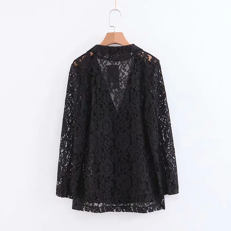 BBWM امرأة زا مثير فستان من الدانتيل سترة خمر شيك مزدوجة الصدر معطف بدوره إلى أسفل طوق طويلة الأكمام عارضة Casaco فام