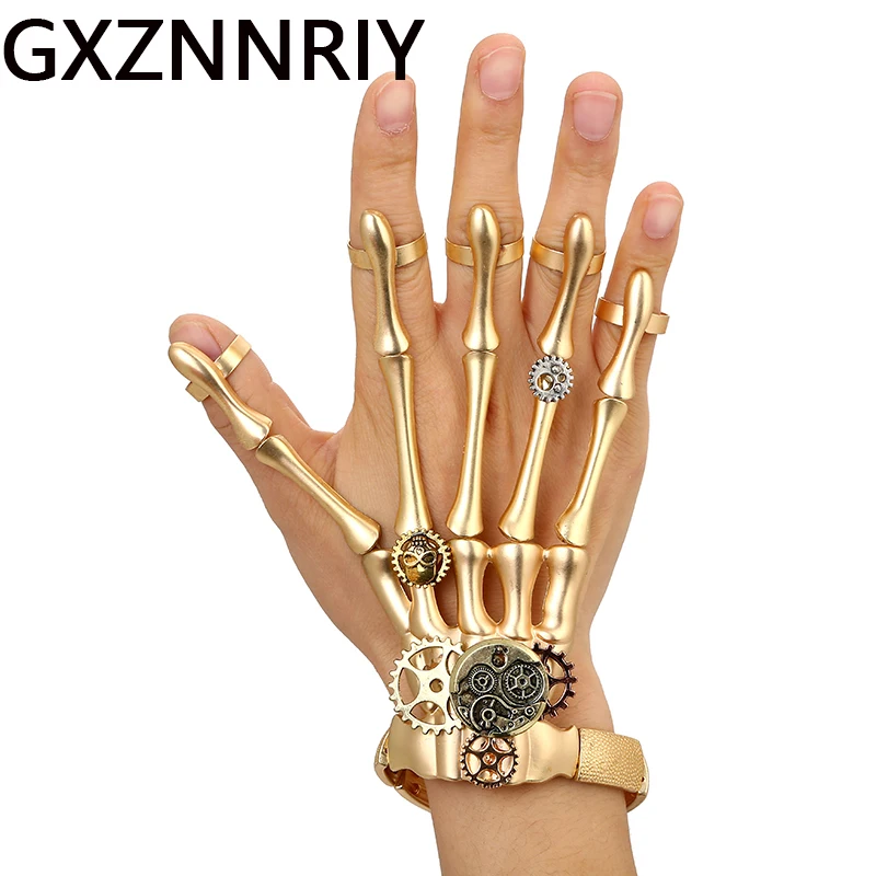 

Fashion Gold Punk Bracelets Bangles for Women Halloween Accessories Skull Skeleton Hand Ring Elastic Steampunk Men Jewelry Gift