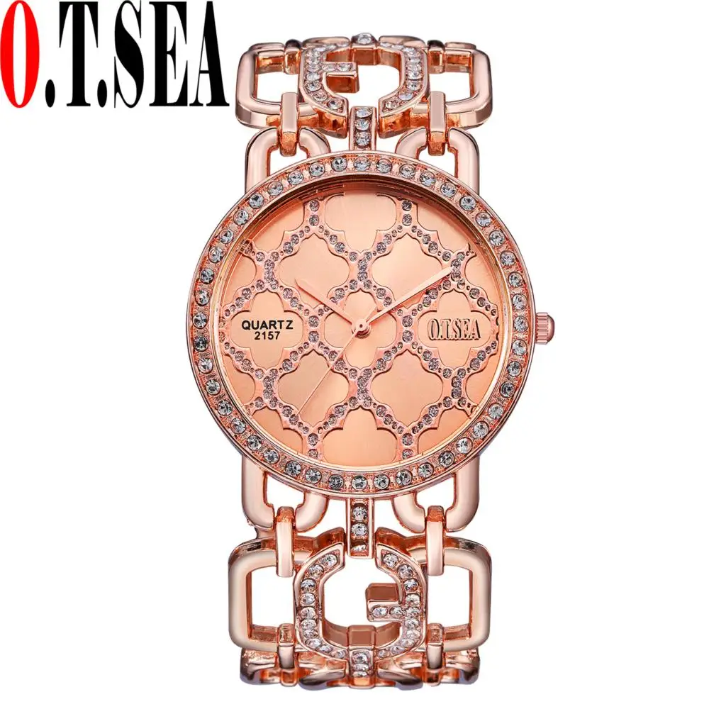 Роскошная фирма O. T. SEA, часы с браслетом из розового золота для женщин, женские часы с кристаллами, кварцевые наручные часы Relogio Feminino 2157